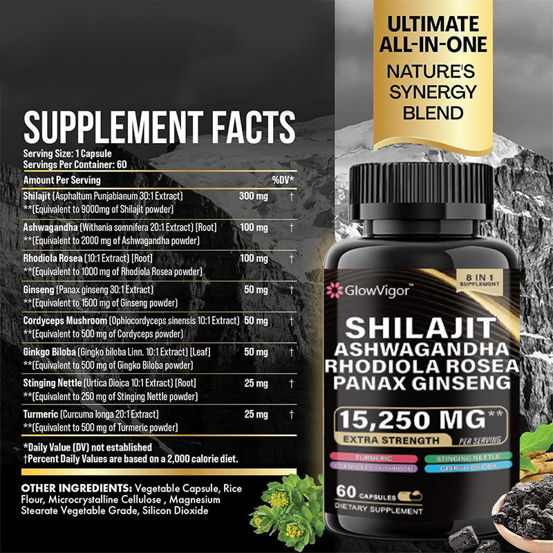 GlowVigor Shilajit 9000 Panax Ginseng 1500MG Ashwagandha 2000MG Rhodiola Rosea 999MG, Turmeric 500MG, Gingko Biloba 500MG, Stinging Nettle 250MG