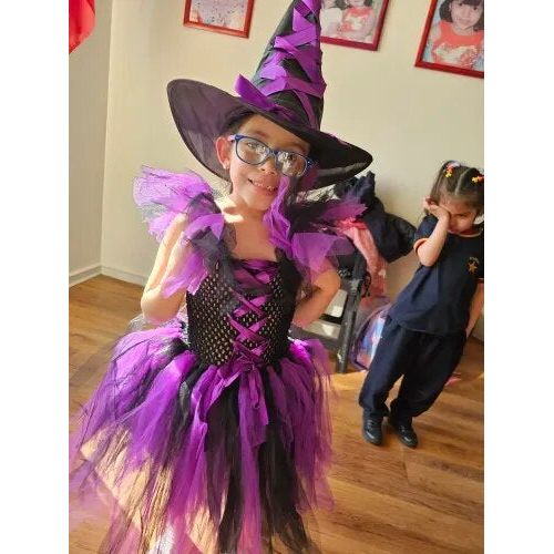 2023 Disguise Witch Costume for Girls Halloween Tutu Knee Dress with Hat.