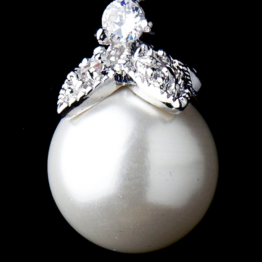 Silver CZ Crystal & Diamond White Pearl Dangle Drop Bridal Earrings 8675.