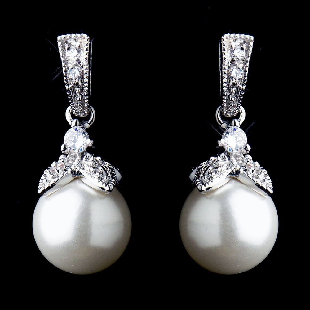 Silver CZ Crystal & Diamond White Pearl Dangle Drop Bridal Earrings 8675