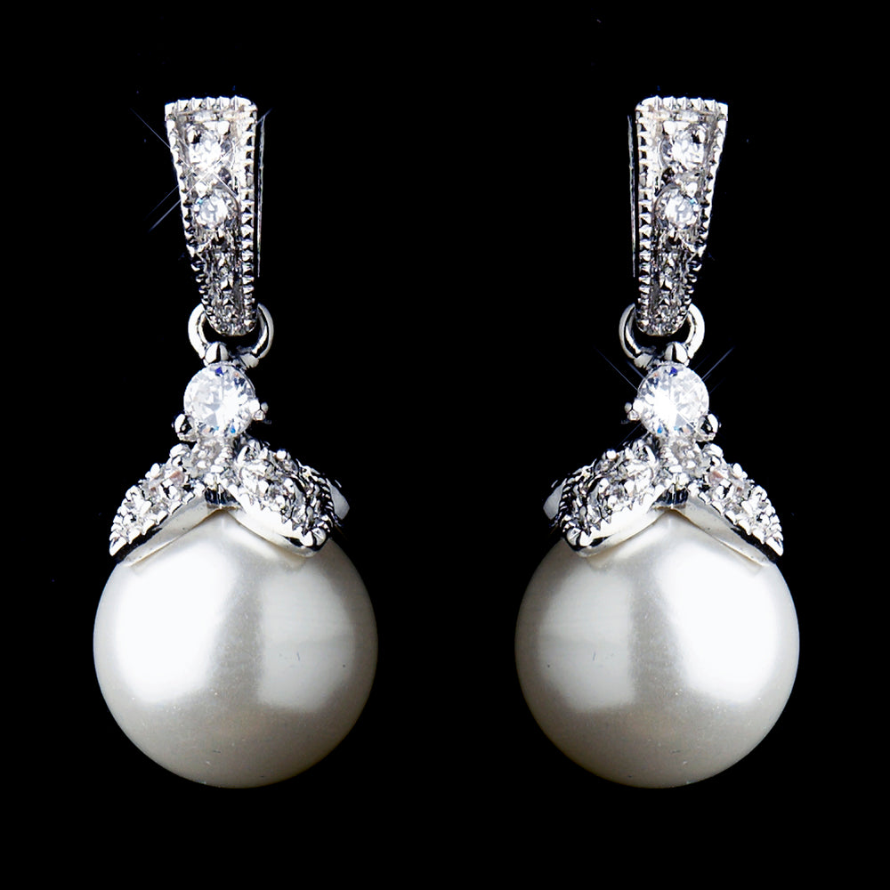 Silver CZ Crystal & Diamond White Pearl Dangle Drop Bridal Earrings 8675.