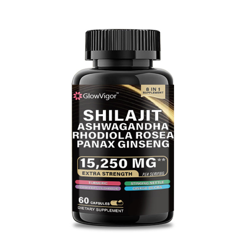 GlowVigor Shilajit 9000 Panax Ginseng 1500MG Ashwagandha 2000MG Rhodiola Rosea 999MG, Turmeric 500MG, Gingko Biloba 500MG, Stinging Nettle 250MG