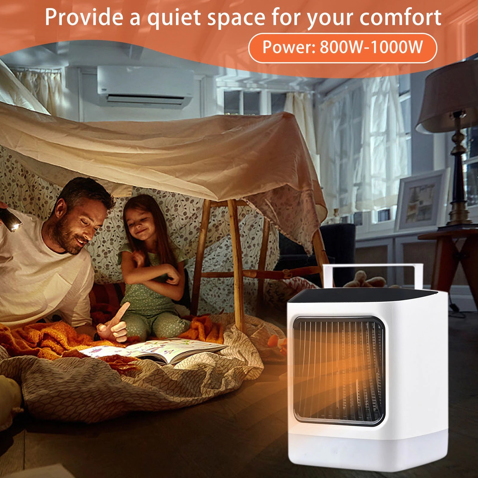 A compact portable heater with multiple heating elements, ideal for providing warmth in various settings.